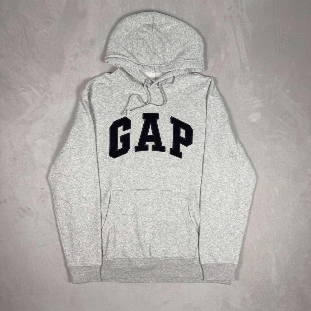 Y2K Mens Gap Arch Logo Fleece Pullover Hoodie Heather Gray Medium